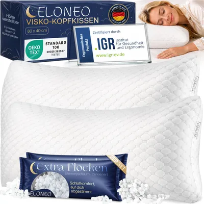 Produktbild von ELONEO Premium Memory Foam Kopfkissen 40x80 cm, ergonomisches Kopfkissen höhenverstellbar, geschredderte Memory Schaumstofffüllung