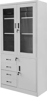 Zdjęcie produktu dla Szafa biurowa metalowa na akta i dokumenty Mega-M WENUS W-09 przeszklona z szufladami szara 90x40x185 cm skręcana