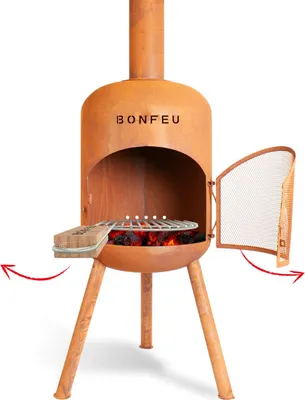 Produktbild von BonFeu BonBono Rost - Terrassenofen - Feuerstelle mit Funkenschutz für entspannte Abende  - Feuersäule Outdoor - Terrassenkamin mit Grillrost - Gartenofen aus hochwertigem Cortenstahl - 45x45x165cm
