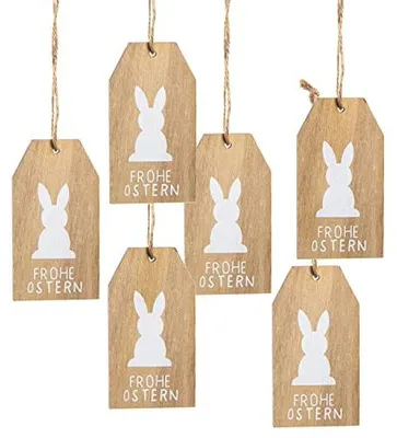 Produktbild von 6 naturfarbene Holz Schilder mit Text Frohe Ostern - 10 x 5,5 cm