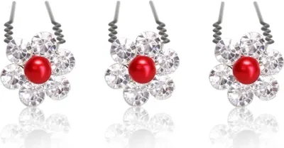 Produktbild von Haarnadeln Perlen Strass Blume Hochzeit Braut Haarschmuck Kommunion Haar Pin Set rot 12er Set