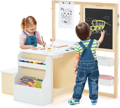 Imagen del producto de Juego de caballete infantil 6 en 1, mesa de apoyo de madera con pizarra y pizarra blanca de doble cara, y rollo de papel. Caballete infantil con altura ajustable y banco, con estantes para niños a partir de 3 años (blanco)