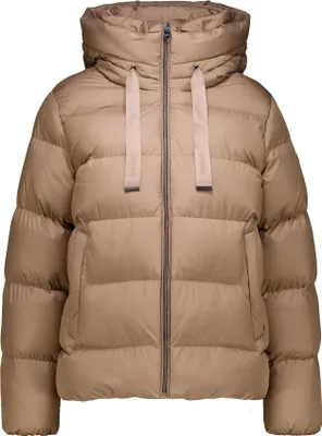 A studio shot of a taupe puffer jacket.