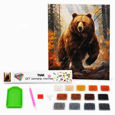 Imagen del producto de THAR, pintura con diamantes, oso pardo en un bosque otoñal, 40 x 50 cm, kit completo