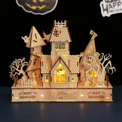 Productafbeelding van 3D-houten puzzel – Halloween-huis-diorama