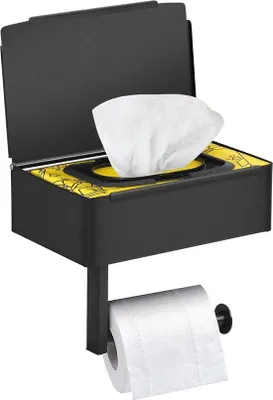 Imagen del producto de Soporte para papel higiénico Unyqoos® con espacio de almacenamiento y caja para toallitas húmedas, fabricado en acero inoxidable, con opción de fijación mediante tornillos o adhesivo, ideal para baño y aseo
