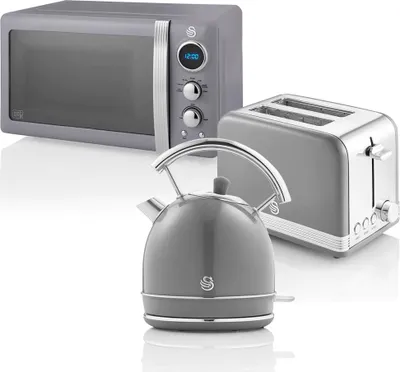 Produktbild von SWAN STRP2070GRNEU Retro Set Frühstück, Wasserkocher 1,8 L, 2 Breitschlitz-Toaster, Mikrowelle 20 L Grau