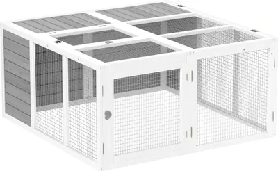 Zdjęcie produktu dla PawHut drewniana klatka dla królików, klatka dla małych zwierząt z wybiegiem, klatka dla królików z dachem na zawiasach dla świnek morskich, jasnoszara