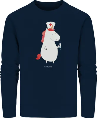 Produktbild von Mr. & Mrs. Panda Bio Baumwoll Pullover Einhorn Krankenschwester Größe XL - French Navy - Geschenk, Pulli, Sweater, Krankenpfleger, Krankenhaus, Sweatshirt, Unicorn