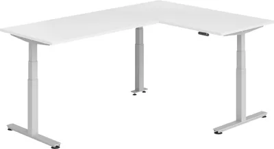 Produktbild von bümö Eckschreibtisch elektrisch höhenverstellbar L-Form - Nachbildung: Weiß, Gestell: Silber, Größe: Eckschreibtisch 160 x 240 cm