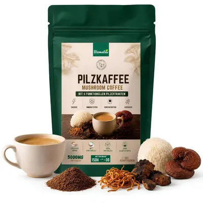 Produktbild von Biomatea Pilzkaffee 150g | Mushroom Coffee mit Hericium, Reishi, Chaga & Cordyceps | Löslicher Kaffee mit Kokosmilch | Vegan, ohne Zuckerzusatz