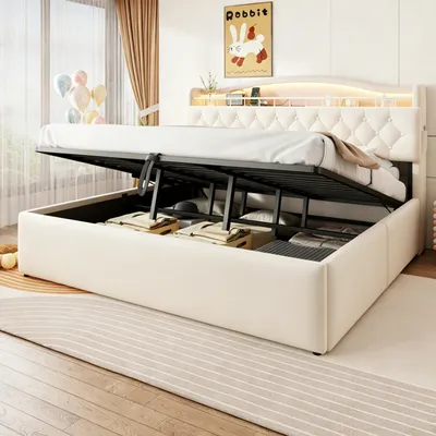 Immagine prodotto di Letto matrimoniale MODFU, imbottito, 180 x 200 cm, con struttura a molle e testiera LED, telaio in metallo con spazio contenitore idraulico e prese USB, rivestito in velluto, senza materasso, colore beige