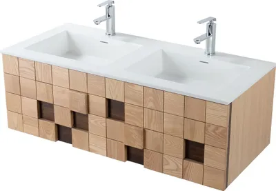 Productafbeelding van Wastafelonderkast-set MOVEA 120 cm, wastafel in matwit mineraalcomposiet, modern design, met onderkast in licht eikenhout met blokmotief