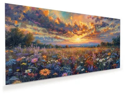 Produktbild von Glasbild 120x60cm in XXL für Wohnzimmer, Schlafzimmer Motiv Blumenwiese Sonnenuntergang
