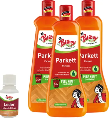 Produktbild von Poliboy Parkett Pflegekonzentrat - 3x500ml - zur Reinigung und Pflege aller lackierten, lasierten und versiegelten Holzflächen - mit Leder Probe