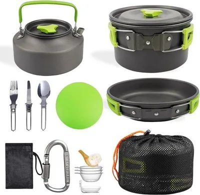 Produktbild von Kochset, 16-teilig, Outdoor-Kochset mit Pfannen, Kuchenpfanne und Teekannen für Camping, Outdoor-Kochen, Wandern, Reisen