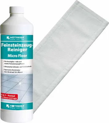 Produktbild von HOTREGA Feinsteinzeug Reiniger Microfloor 1 L Konzentrat SET + Microfasermopp 40 cm