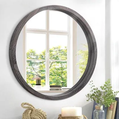 Image de Miroir de maquillage rond avec cadre en bois pour le salon, la chambre et l'entrée