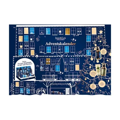 A dark blue background with illustrations of windows, a Christmas tree, and products, representing an advent calendar.