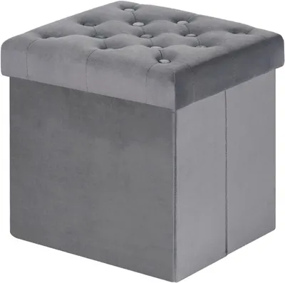Imagen del producto de Banqueta con almacenamiento de terciopelo - Asiento tipo taburete - Ahorra espacio - Diseño plegable - 40 x 40 x 40 cm - Gris