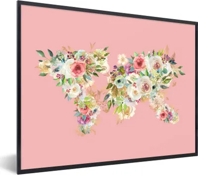 Produktbild von MuchoWow® Gerahmtes Poster Weltkarte - Rosen - Rosa 80x60 cm - Poster mit Schwarzem Bilderrahmen Wandposter Rahmen Foto Bilder - Schwarzem - Mit Gestell