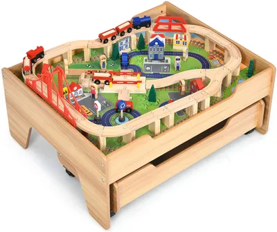 Produktbild von GOPLUS Kinder Spieltisch mit 100 Spielteilen mit Zug Holzeisenbahn Set, Spielzeugeisenbahn zum Bauen&Basteln, Eisenbahn Set aus Holz, Aktivitätstisch mit Schubladen, ab 3 Jahren