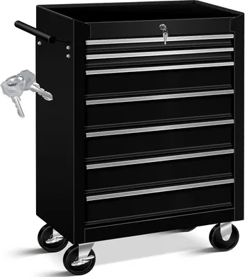 Produktbild von MASKO® Werkstattwagen Rollwagen Werkzeugwagen Werkzeugkiste Fächer Toolbox Werkzeug box, Schwarz, 7 Fächer
