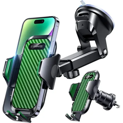 Immagine prodotto di Supporto per telefono da auto 4in1: ventosa, gancio per bocchetta d'aria, braccio girevole a 360°, adatto per cruscotto o parabrezza. Colore: verde