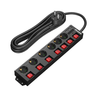 A black power strip with multiple outlets and switches, along with a black power cord and plug, is shown against a white background.