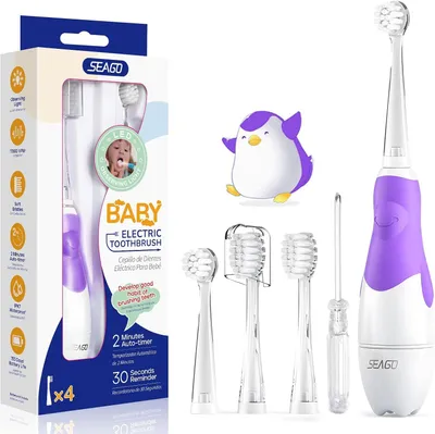 Produktbild von Elektrische Kinderzahnbürste 0-3 Jahre LED Licht Smart Timer 24000 Vibrationen IPX7 Baby Schallzahnbürste weiche Borsten 4 Aufsätze AAABatterie