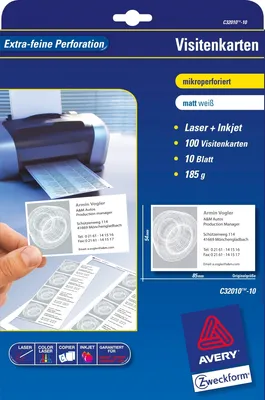 Produktbild von Visitenkarten Classic 85x54 mm 185 g/qm beidseitig beschichtet matt 100 Stück Packung mit 50 Stück