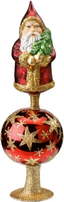 Produktbild von Christbaumspitze Glas Weihnachtsmann und Sterne Muster 28cm Rot glanz