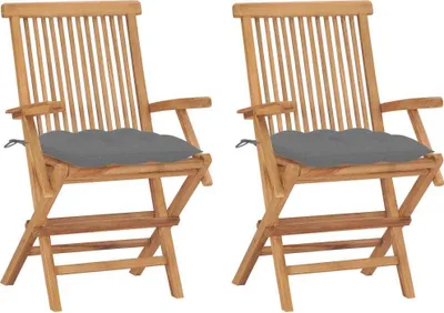 Produktbild von Gartenstühle mit Grauen Kissen 2 Stk. Massivholz Teak