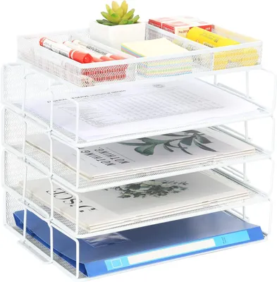 Produktbild von Schreibtisch-Organizer 4 Ablagen, A4, mit Stiftehalter, weiß, Metall, für Büro