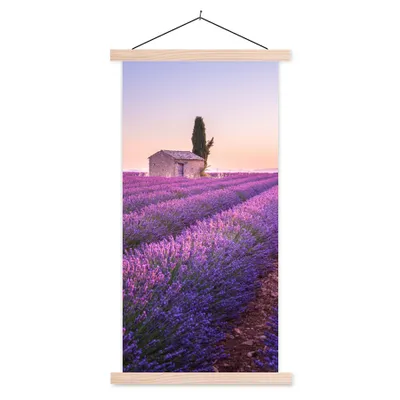 Produktbild von MuchoWow® Textilposter Lavendel - Sonnenuntergang - Lila - Blumen 40x80 cm mit holzfarbenen Rahmen - Wohnzimmer