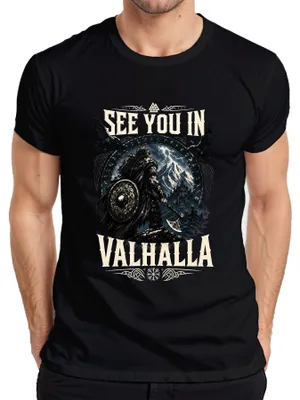 Obrázek produktu pro Tričko "Uvidíme se ve Valhalle", Vikingové, válečník, Odin, Valknut, runy, severský motiv, sekera, pánské, černé barvy, velikost S