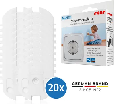 A product package for Reer socket protection, showing a child interacting with an electrical outlet and the product itself.