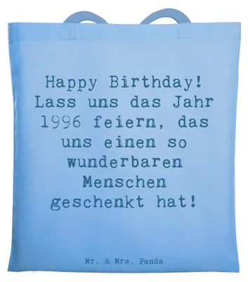 Produktbild von Mr. & Mrs. Panda Tote Bag Spruch 1996 Geburtstag - Sky Blue - Geschenk, liebevoll handgefertigt, umhängebeutel, Jahrgang, Geburtsjahr, liebevolle Botschaft, Schultasche