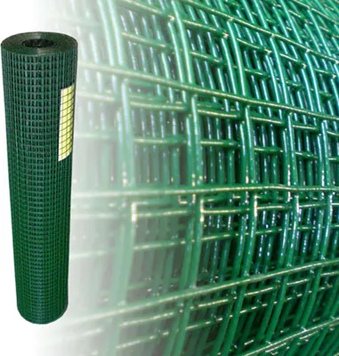 A roll of green wire mesh fencing is shown against a blurred background of more wire mesh.