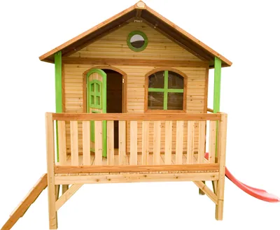 Produktbild von AXI Spielhaus Stef mit roter Rutsche | Stelzenhaus in Braun & Grün aus Holz für Kinder | Spielturm für den Garten