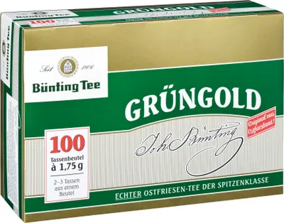 A box of Bünting Tee Grüngold tea bags.