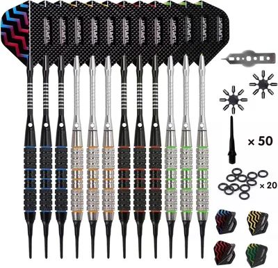 Produktbild von Dartpfeile Set 18g Kunststoffspitze 9 Stk. 50 Dartspitzen 20 Ringe 27 Flüge 9 Wellen