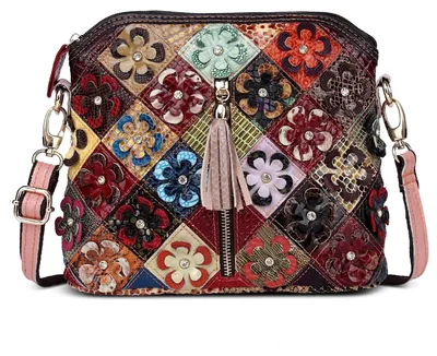 Image de Omgoods - Sac bandoulière pour femmes - Sac en cuir véritable fait à la main, avec motif floral