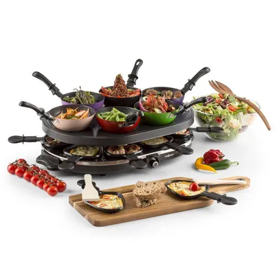 Produktbild von oneConcept Woklette - Raclette Grill , Tischgrill , Partygrill , Leistung: 1200 Watt, stufenlos regulierbare Temperatur , inkl. 8 Pfännchen und Holzspatel , Antihaftbeschichtung , schwarz