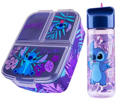 Produktbild von Disney Stitch Brotdose Kinder mit Fächern und Trinkflasche für Schule und Ausflüge (Blau/Lila)
