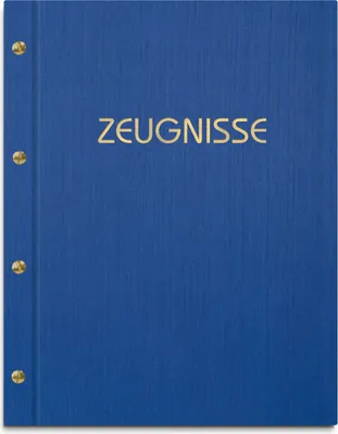 Produktbild von Zeugnismappe im blauen Einband in Leinenoptik, mit hochwertigem Prägedruck in gold  – handgefertigte Mappe inkl. 12 Sichthüllen