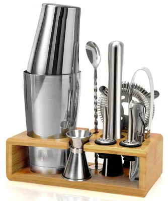 Cocktailshaker-Set 10-tlg. mit Holzständer, 750 ml, Edelstahl