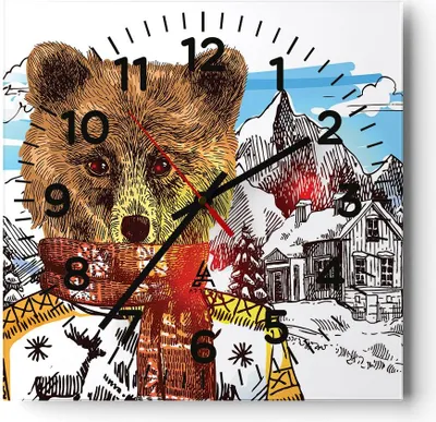 Produktbild von Wanduhr - Quadrat - Glasuhr - Bär Berge Kinder Winter - 30x30cm - Schleichendes Uhrwerk - Lautlos - zum Aufhängen bereit - Dekoration Modern - Wanddekoration aus Glas - C4AC30x30-3205