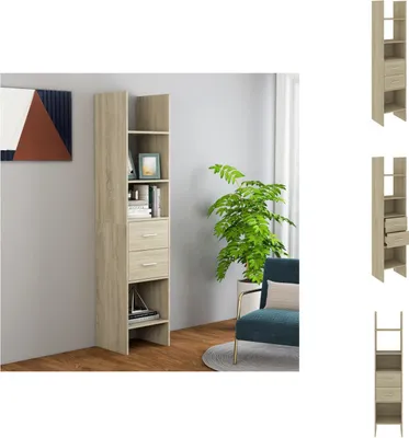 A tall, narrow bookshelf with several shelves and two drawers, placed in a room with a plant and a chair.