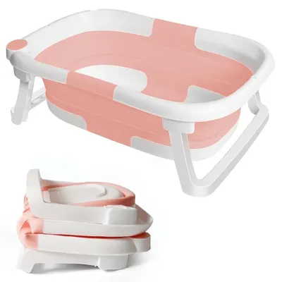 Image de Baignoire pour bébé, design pliable, indicateur de température de sécurité, rose